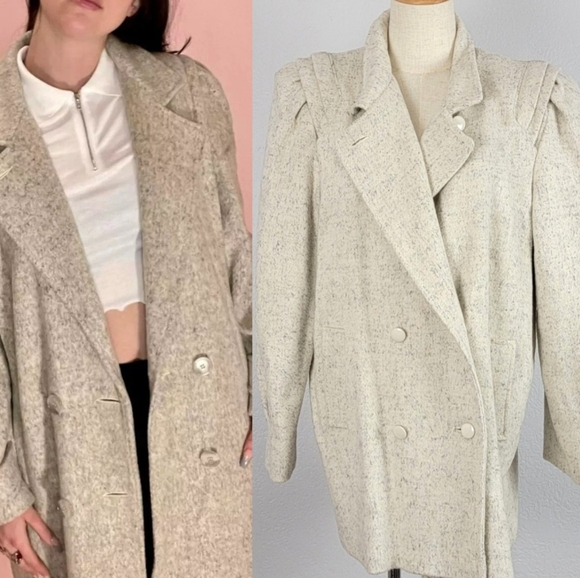 Vintage 70s Mariel Ivory Beige Wool Double Breasted Button Coat Size 12 - Picture 1 of 16
